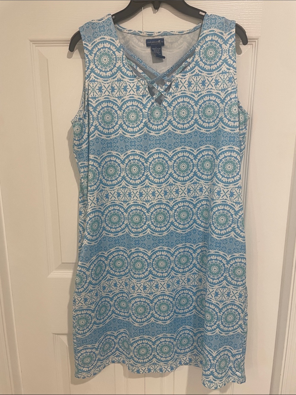 Caribbean Joe Shift Dress with Pockets, blue, green and white Pattern, size L